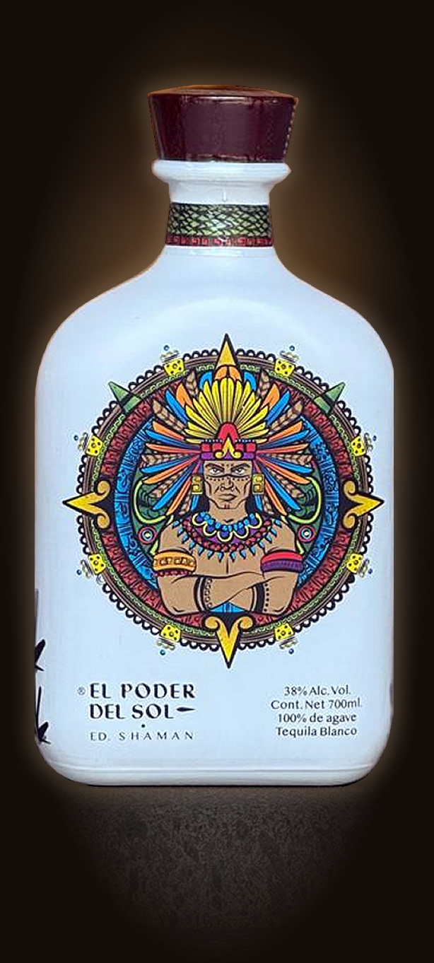 El Poder Del Sol — El Shaman, tequila blanco bottle with warrior headdress artwork