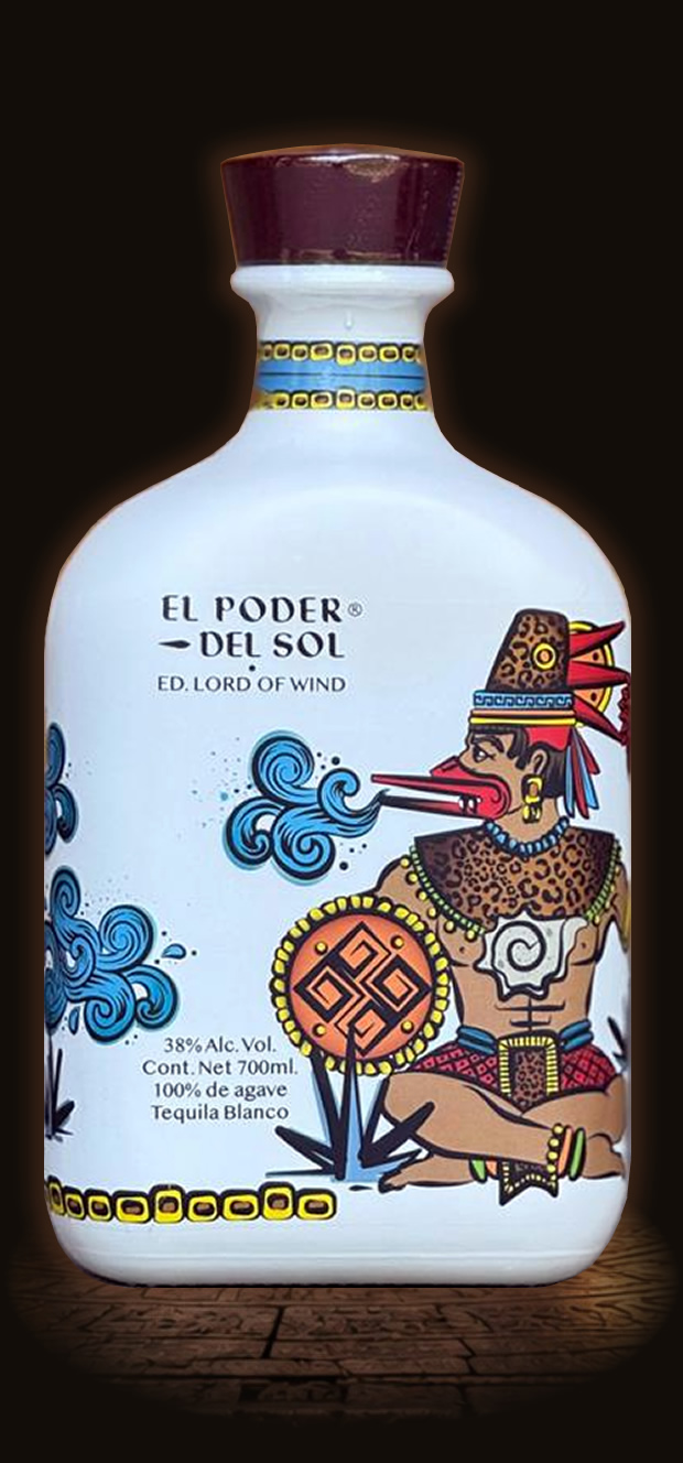 El Poder Del Sol — The Lord of Wind, tequila blanco bottle with Ehecatl wind god artwork